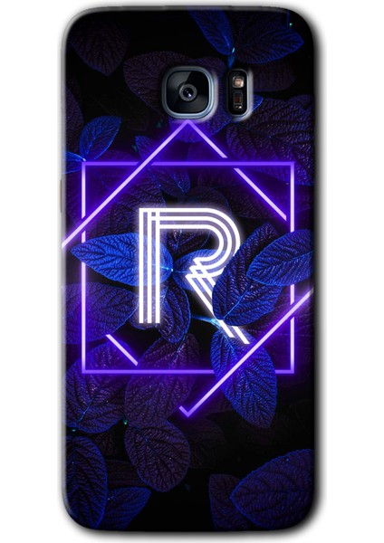 Galaxy S7 Edge Kılıf Hd Desen Baskılı Arka Kapak + Kırılmaz Cam - Dark Neon Yaprak R Harfi