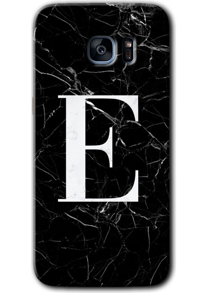 Galaxy S7 Edge Kılıf Hd Desen Baskılı Arka Kapak + Kırılmaz Cam - Siyah Mermer Desenli E Harfi