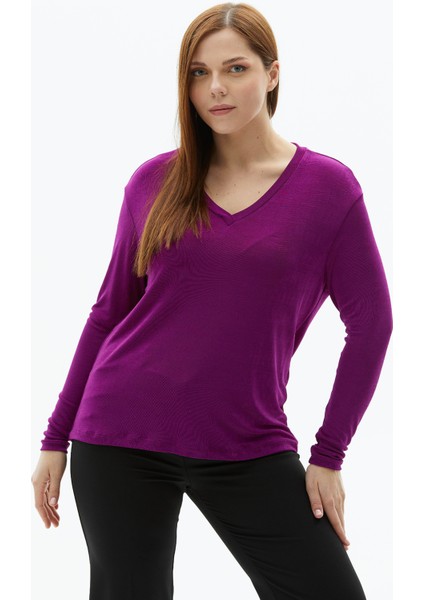 V Yaka Düz Fuşya Kadın Bluz 23YSL8493