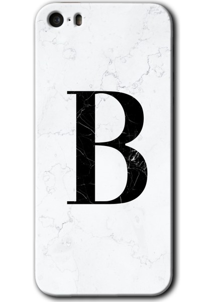 Apple iPhone 5s Kılıf Hd Desen Baskılı Arka Kapak + Kırılmaz Cam - Beyaz Mermer Desenli B Harfi