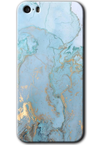 Apple iPhone 5s Kılıf Hd Desen Baskılı Arka Kapak + Esnek Nano Cam - Mavi Gold Mermer