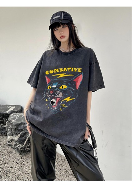 Yıkamalı Combative Cat Baskılı Oversize Eskitme T-Shirt