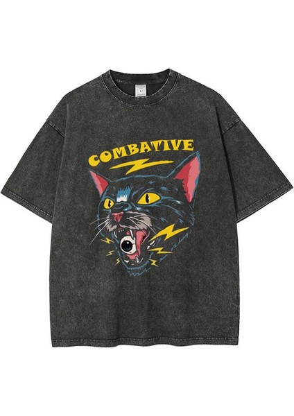 Yıkamalı Combative Cat Baskılı Oversize Eskitme T-Shirt fiyatları