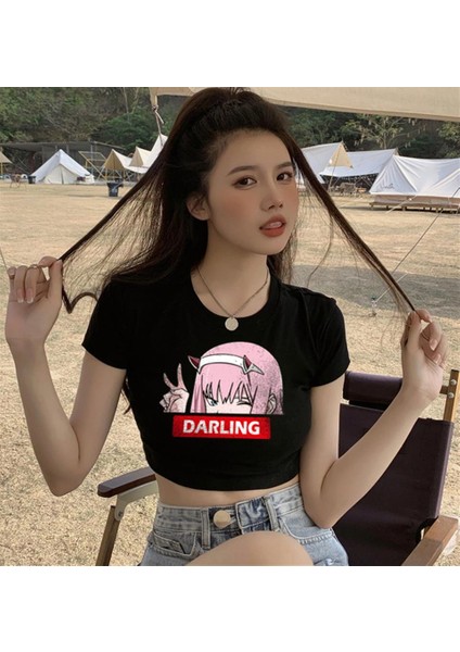 Zero Two Darling Baskılı Siyah Crop