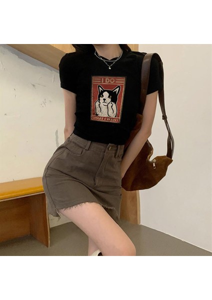 I Do What I Want Baskılı Siyah Crop