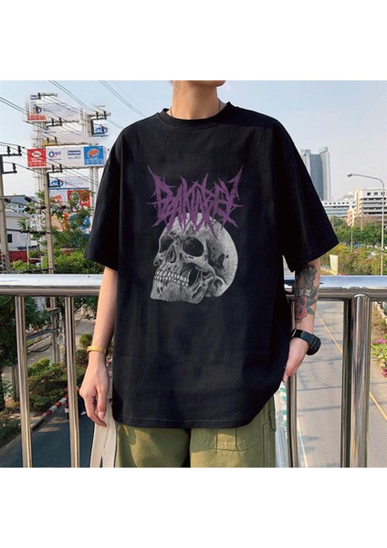 Deathless Skull Baskılı Siyah Oversize T-Shirt