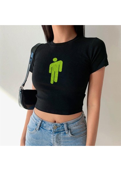 Billie Eilish Logo Baskılı Siyah Crop