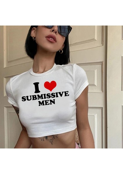 I Love Submisseve Baskılı Beyaz Crop