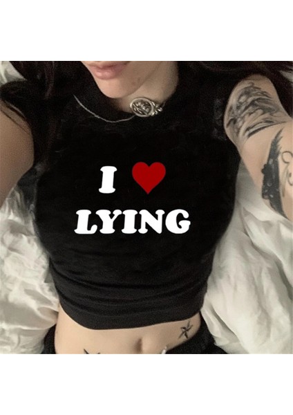 I Love Lying Baskılı Siyah Crop
