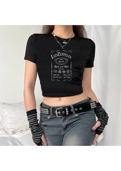 Rock Grubu Led Zeppelin Baskılı Siyah Crop