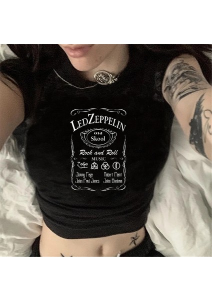 Rock Grubu Led Zeppelin Baskılı Siyah Crop fiyatları