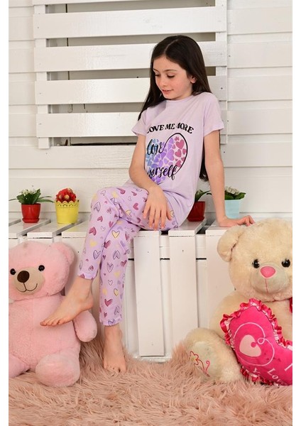 Kısa Kollu Kız Çocuk Pijama Takımı Love Me More Lila