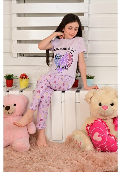 Kısa Kollu Kız Çocuk Pijama Takımı Love Me More Lila