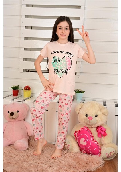 Kısa Kollu Kız Çocuk Pijama Takımı Love Me More Somon