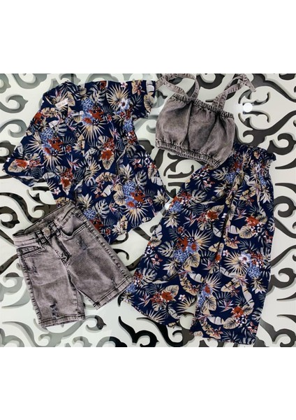 Kız Çocuk Üst Kot Crop Alt Bol Paça Pantolon Kombinli Alt Üst Takım