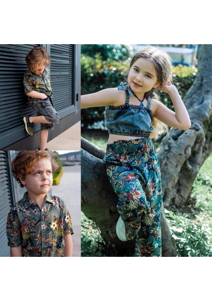 Kız Çocuk Üst Kot Crop Alt Bol Paça Pantolon Kombinli Alt Üst Takım