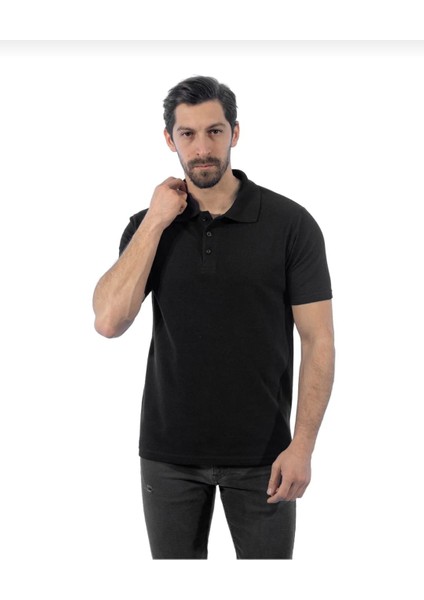 Yakalı Tişört Siyah Pamuklu Tshirt