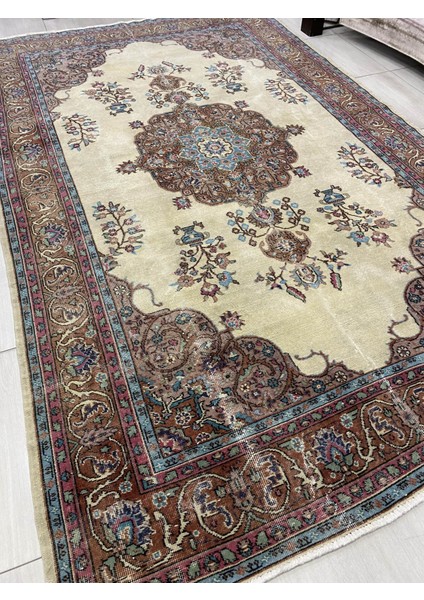 El Dokuma Isparta Halısı 200 x 330 cm Krem Turkuaz 6 M2 Yün Halı