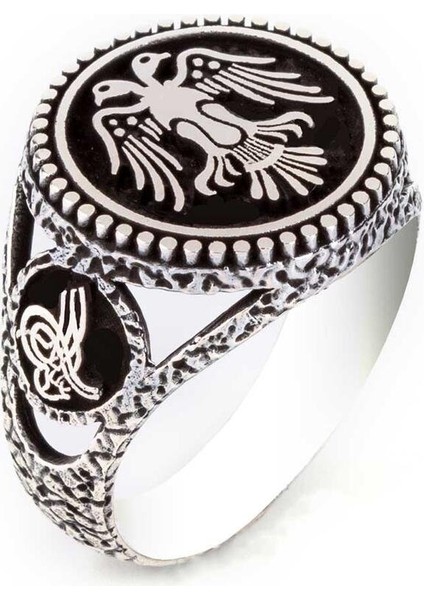 925 Ayar Gümüş Çift Başlı Kartal ve Tuğralı Yuvarlak Siyah Erkek Yüzük