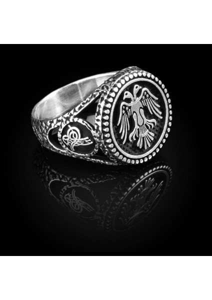 925 Ayar Gümüş Çift Başlı Kartal ve Tuğralı Yuvarlak Siyah Erkek Yüzük fiyatları