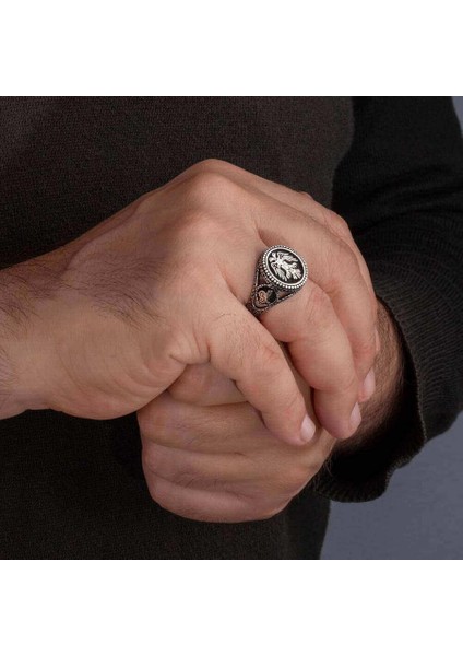 925 Ayar Gümüş Çift Başlı Kartal ve Tuğralı Yuvarlak Siyah Erkek Yüzük fırsatları