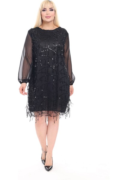 Siyah Salkım Payetli Büyük Beden Abiye Elbise 22E-2377 fiyatları