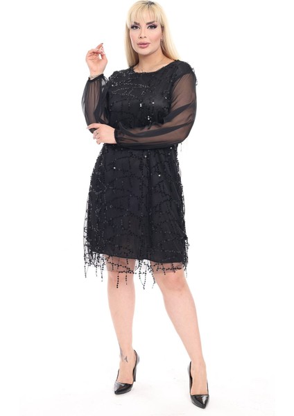 Siyah Salkım Payetli Büyük Beden Abiye Elbise 22E-2377 modelleri