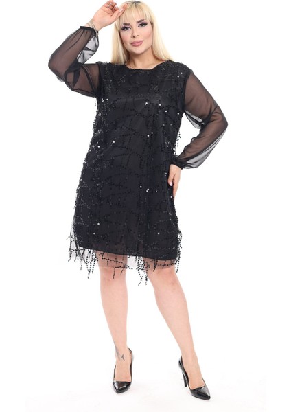 Siyah Salkım Payetli Büyük Beden Abiye Elbise 22E-2377 fırsatları