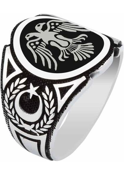 Mt-02 925 Ayar Gümüş Siyah Zemin Üzeri Çift Başlı Kartal Model Ayyıldız Işlemeli Erkek Yüzük