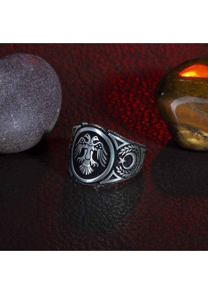 Mt-02 925 Ayar Gümüş Siyah Zemin Üzeri Çift Başlı Kartal Model Ayyıldız Işlemeli Erkek Yüzük fırsatları