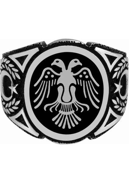 Mt-02 925 Ayar Gümüş Siyah Zemin Üzeri Çift Başlı Kartal Model Ayyıldız Işlemeli Erkek Yüzük indirimleri