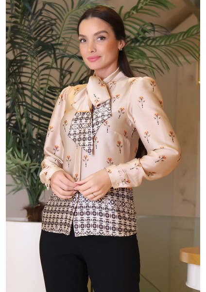 Çiçek Baskılı Bej Kadın Bluz 3606-2K3