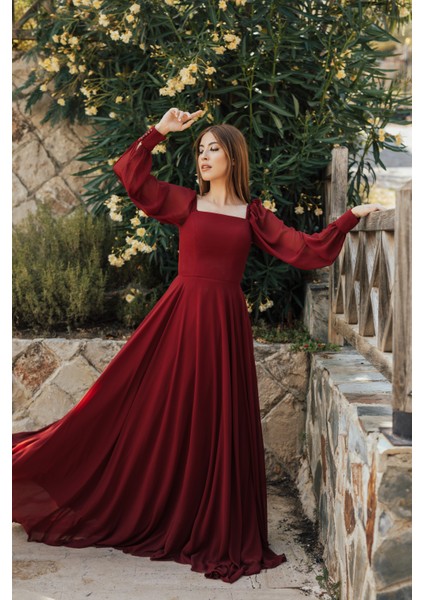 Ares Şifon Kare Yaka Elbise