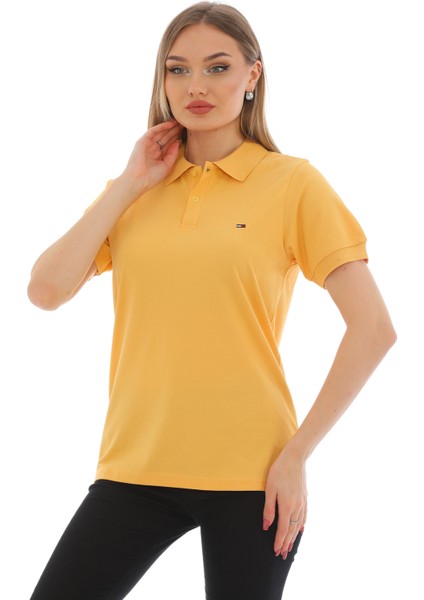 Kadın Hardal Pamuklu Likralı Polo Yaka Kısa Kollu Nakışlı Tişört modelleri