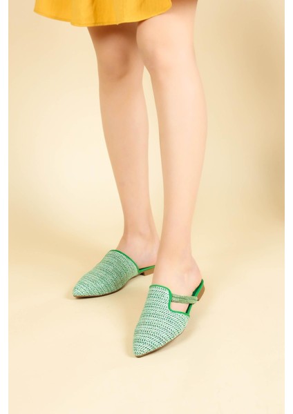 Hasır Örgü Detaylı Kadın Terlik Yeşil fiyatları