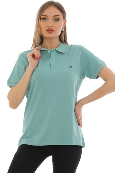 Kadın Mint Yeşili Pamuklu Likralı Polo Yaka Kısa Kollu Nakışlı Tişört modelleri