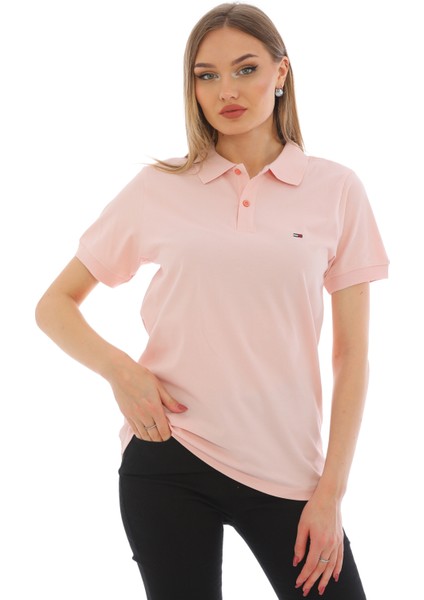 Kadın Açık Pembe Pamuklu Likralı Polo Yaka Kısa Kollu Nakışlı Tişört modelleri
