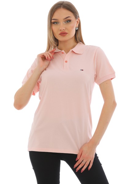 Kadın Açık Pembe Pamuklu Likralı Polo Yaka Kısa Kollu Nakışlı Tişört indirimleri
