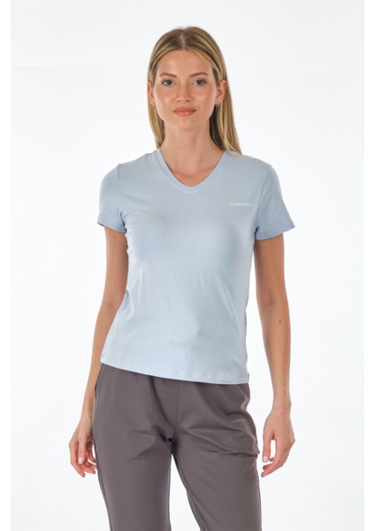 V Yaka Regular Fit Açık Mavi Kadın T-Shirt 2SCT1323FX