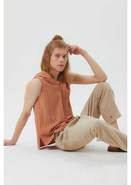 Kapüşonlu Kolsuz Etnik Erkek Gömlek