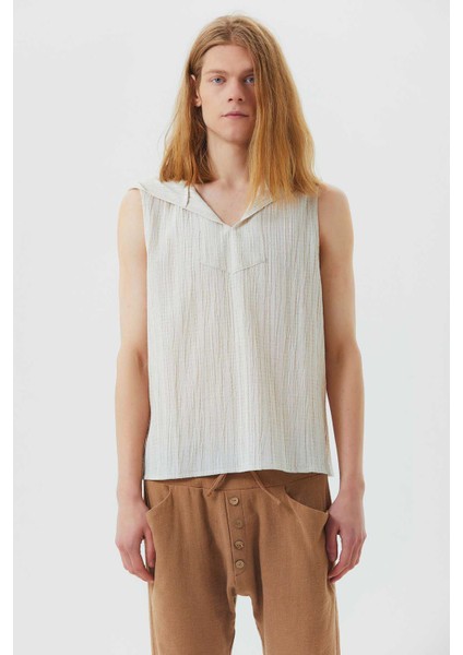 Kapüşonlu Kolsuz Etnik Erkek Gömlek