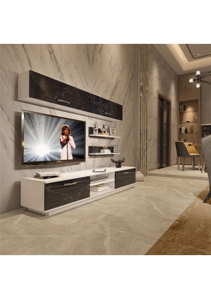 Eko 5b Mdf DVD Tv Ünitesi Tv Sehpası - Beyaz - Siyah Mermer