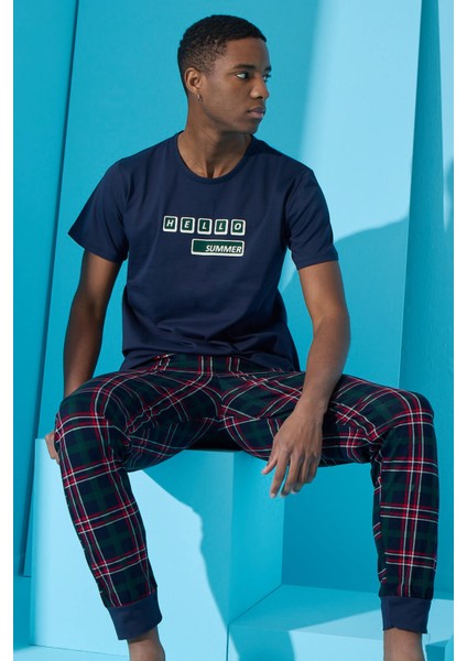 Lacivert Hello Summer Baskılı Kısa Kollu Erkek Pijama Takımı
