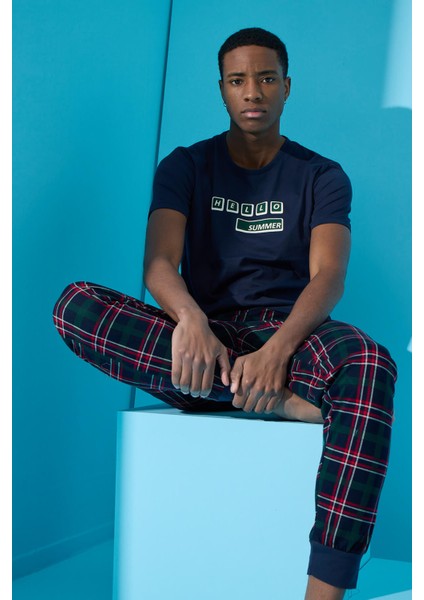 Lacivert Hello Summer Baskılı Kısa Kollu Erkek Pijama Takımı