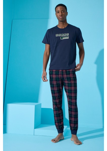 Lacivert Hello Summer Baskılı Kısa Kollu Erkek Pijama Takımı