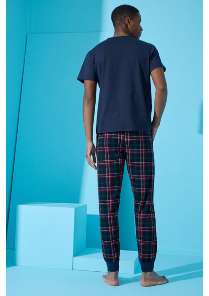 Lacivert Hello Summer Baskılı Kısa Kollu Erkek Pijama Takımı