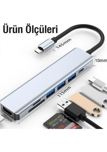 Polham 60W 7in1 Type C To 3x Usb, 1x 4K 30Hz Hdmi, 1x Tf-Sd Kart ve 1x Pd Type C Çoğaltıcı Adaptör Hub