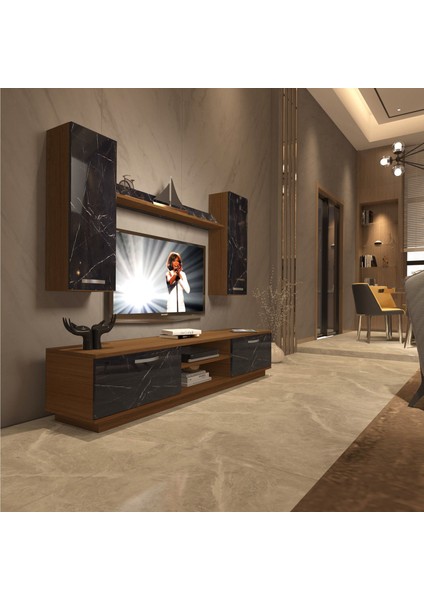 Eko 5db Mdf DVD Tv Ünitesi Tv Sehpası - Ceviz - Siyah Mermer