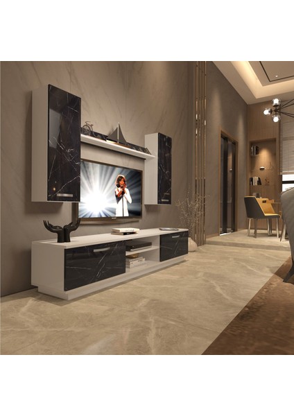Eko 5db Mdf DVD Tv Ünitesi Tv Sehpası - Beyaz - Siyah Mermer
