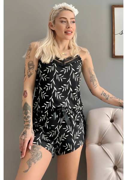 Siyah Zeytin Dalı Pegasus Dantel Detaylı Ip Askı Şortlu Örme Pijama Takımı